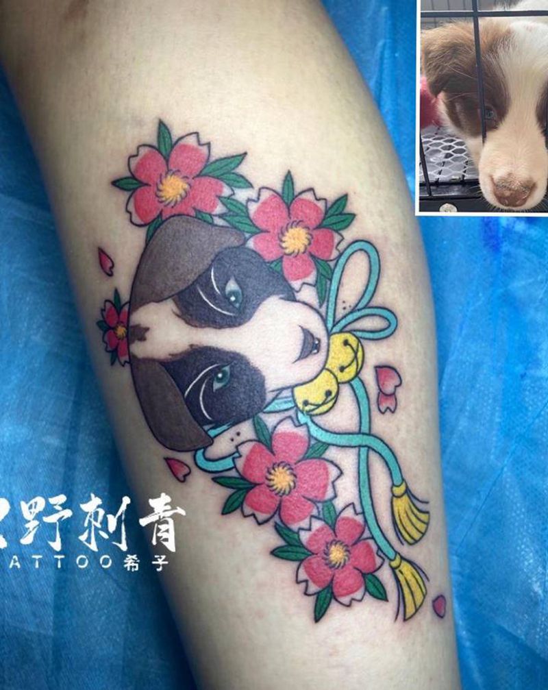 设计狗狗头像纹身图片_腿部纹身图案