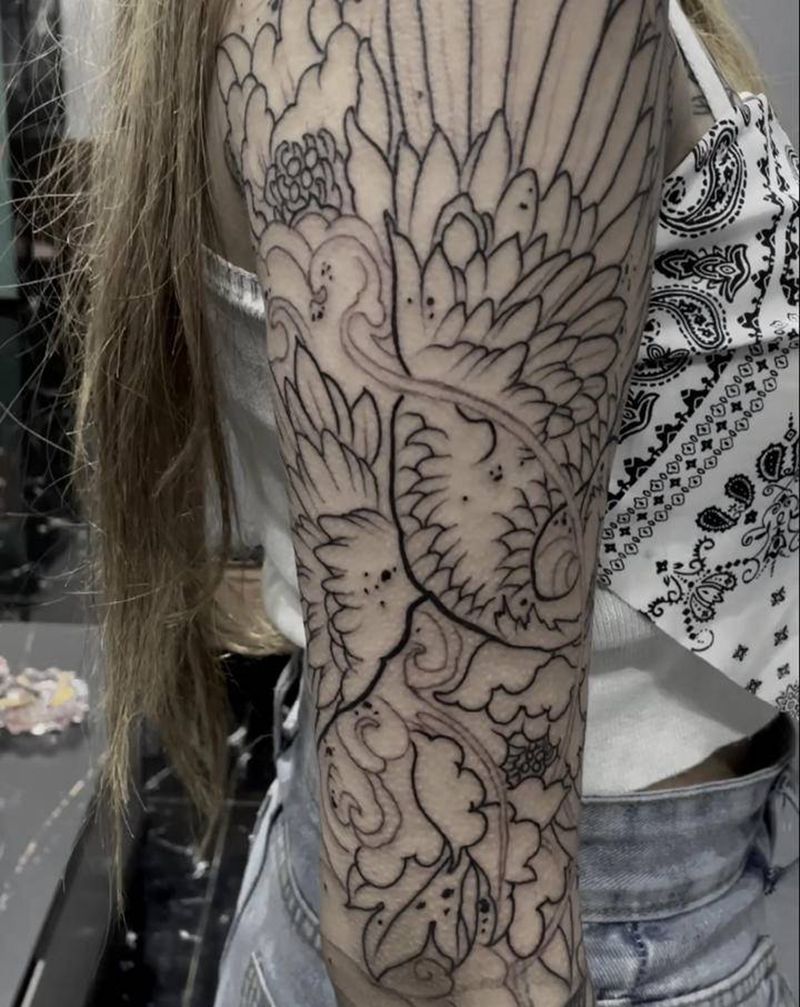 仙鹤牡丹花臂纹身图片_手臂新传统纹身图案