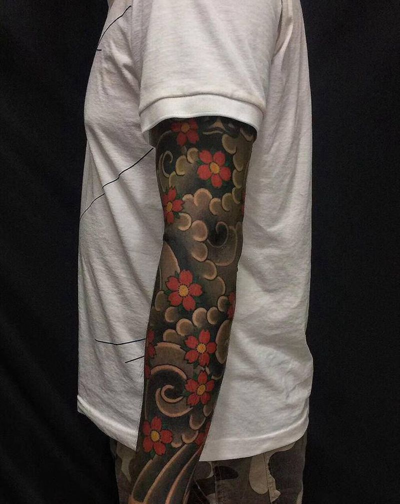 樱花臂纹身图片_手臂老传统纹身图案