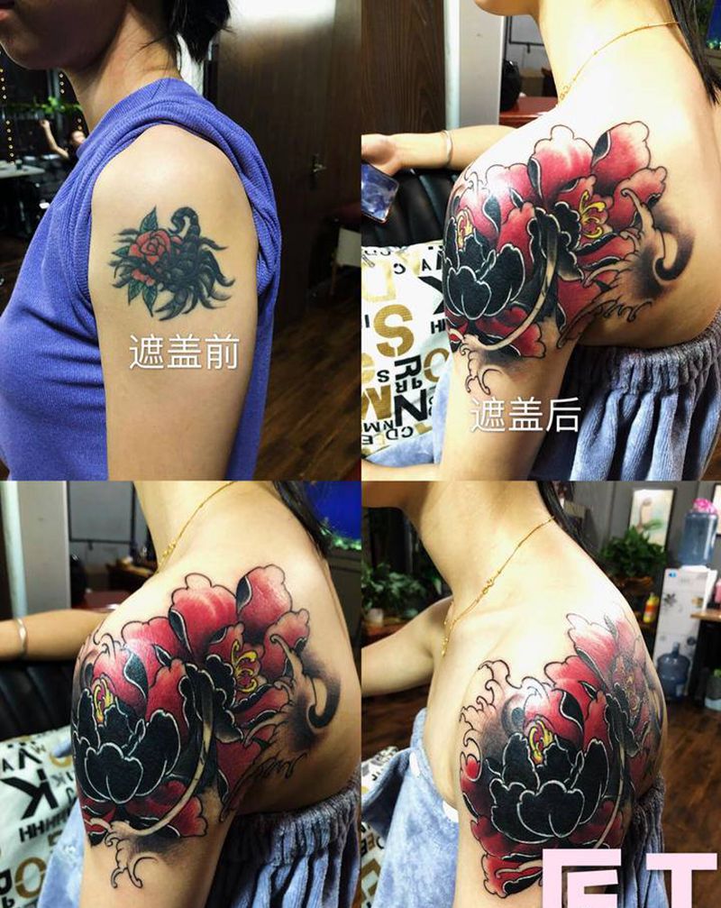 牡丹纹身图片_肩部新传统纹身图案