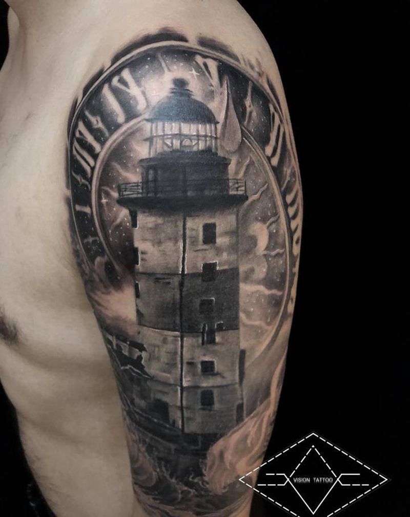 灯塔纹身图片_肩部手臂欧美写实海洋灯塔纹身图案