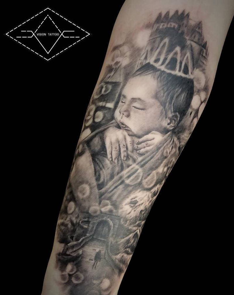 宝宝肖像纹身图片_手部腿部欧美写实人物肖像素描纹身图案