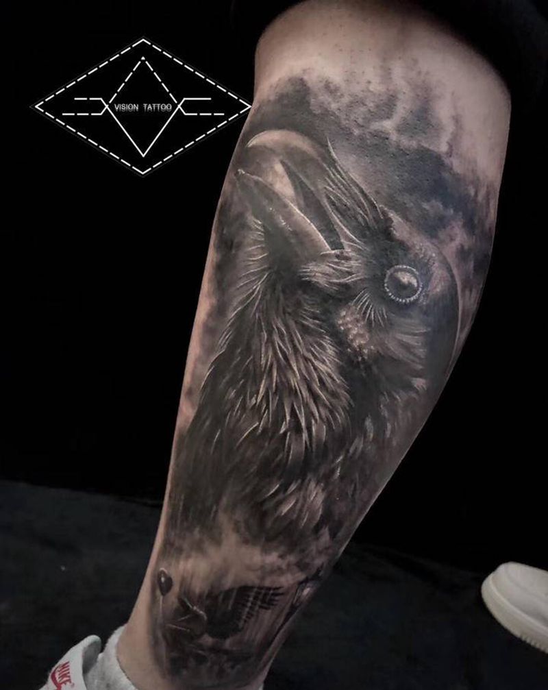 乌鸦纹身图片_腿部手部欧美写实乌鸦动物纹身图案