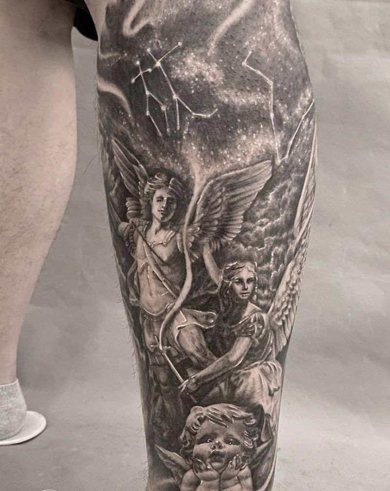 天使纹身图片_腿部欧美写实天使星座纹身图案