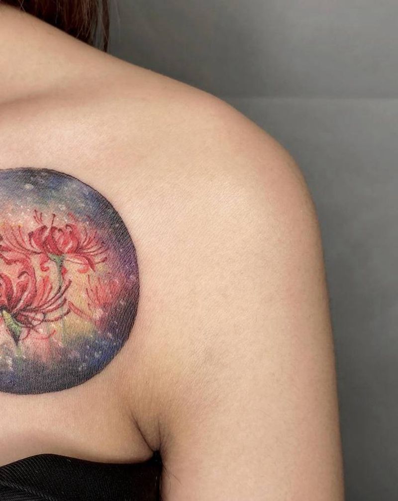 彼岸花纹身图片_肩部颈部欧美写实水彩彼岸花小图纹身图案