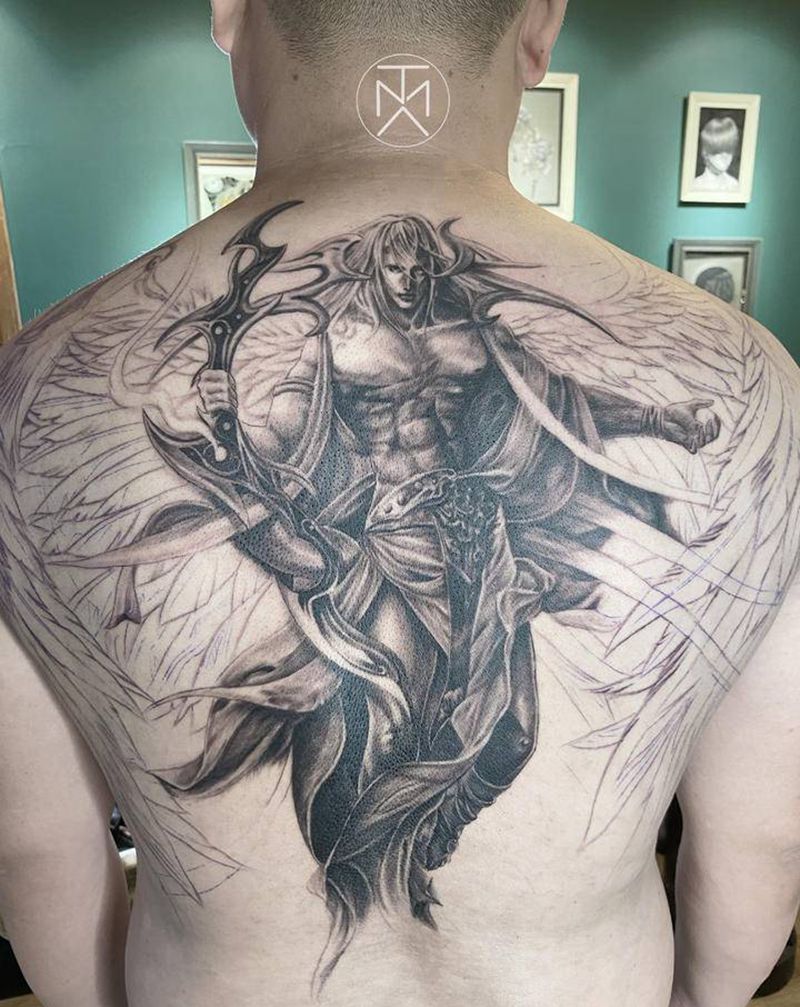 守护天使满背纹身图片_背部欧美写实天使星座家庭纹身图案