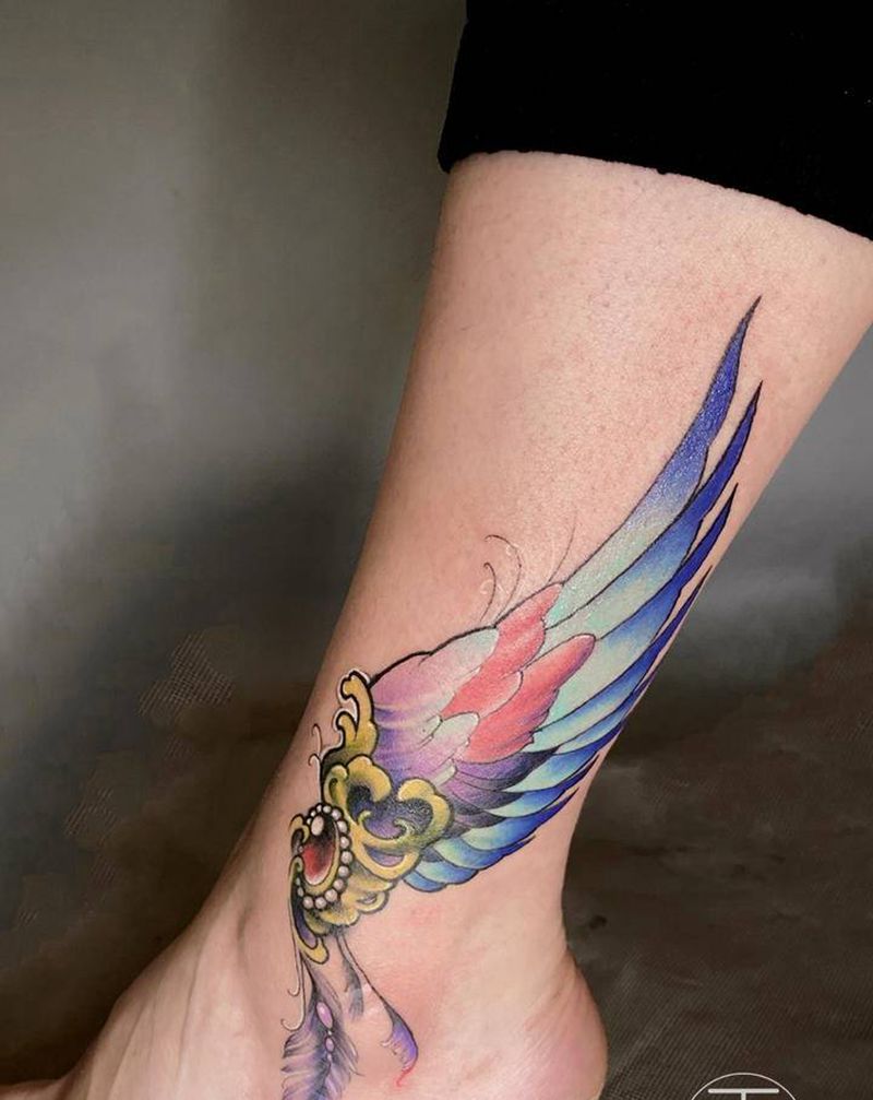 脚踝遮盖翅膀纹身图片_脚部New School小图翅膀遮盖纹身图案