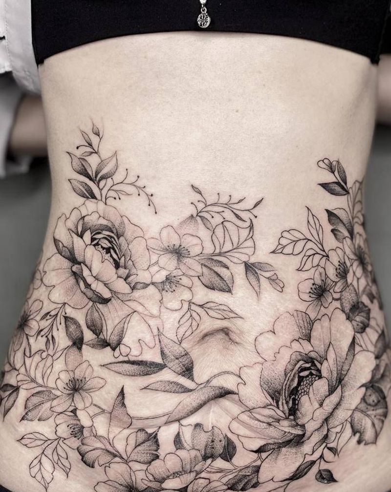 破腹产妊娠纹遮盖纹身图片_腹部腰部点刺遮盖素花小清新纹身图案