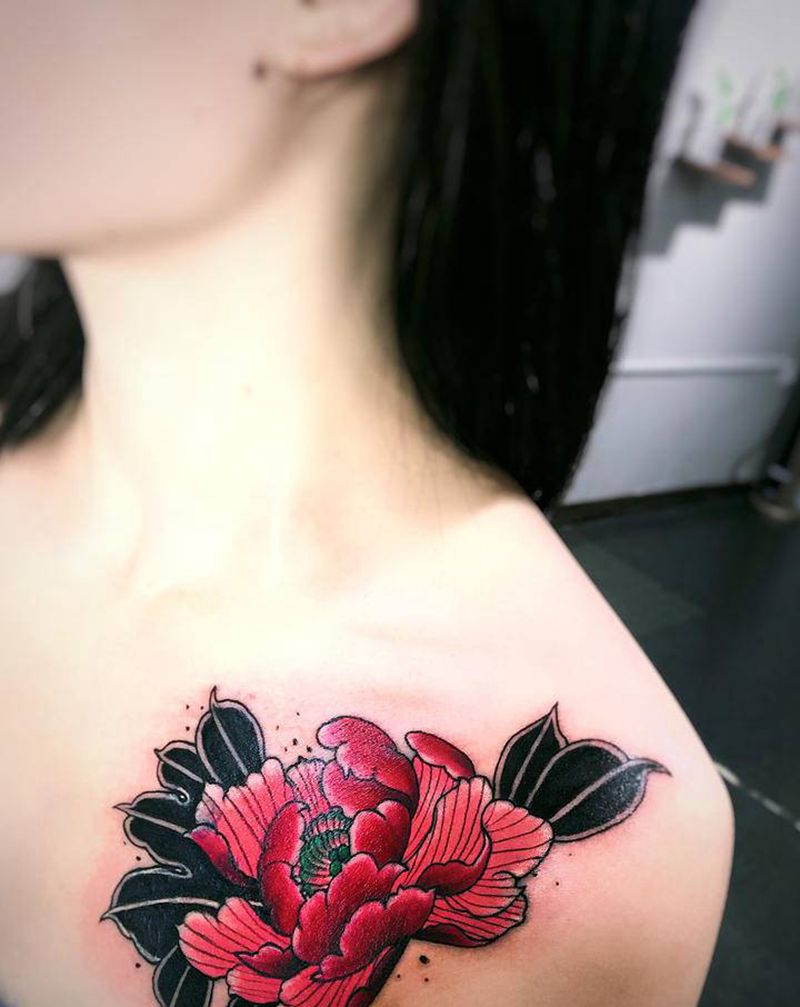 牡丹花遮盖失败纹身纹身图片_胸部老传统新传统纹身图案