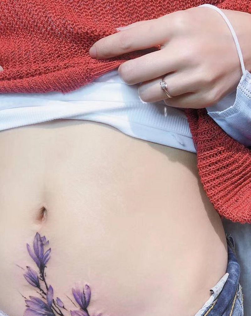 遮盖剖腹产纹身图片_腹部水彩新传统纹身图案