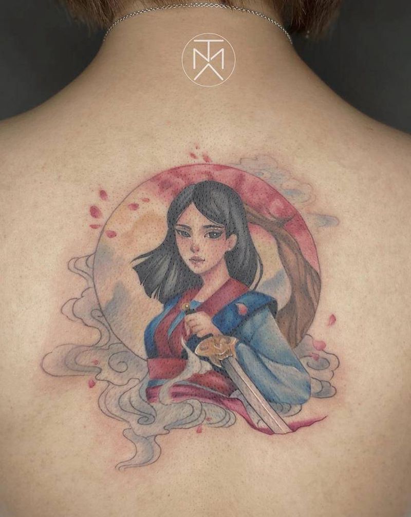 花木兰纹身图片_背部水彩欧美写实花木兰人物美女纹身图案