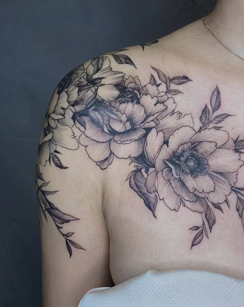 肩花纹身图片_肩部手臂花素花女生纹身图案