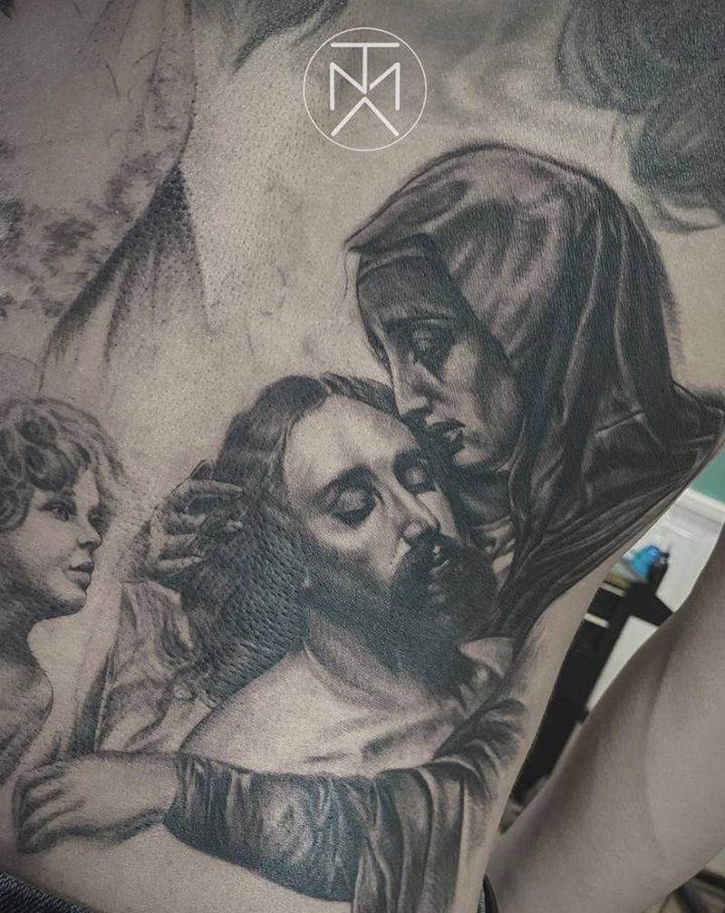 耶稣满背未完成纹身图片_背部欧美写实耶稣满背圣母纹身图案