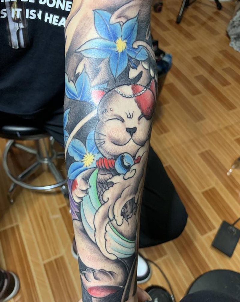 招财猫纹身图片_手臂新传统纹身图案