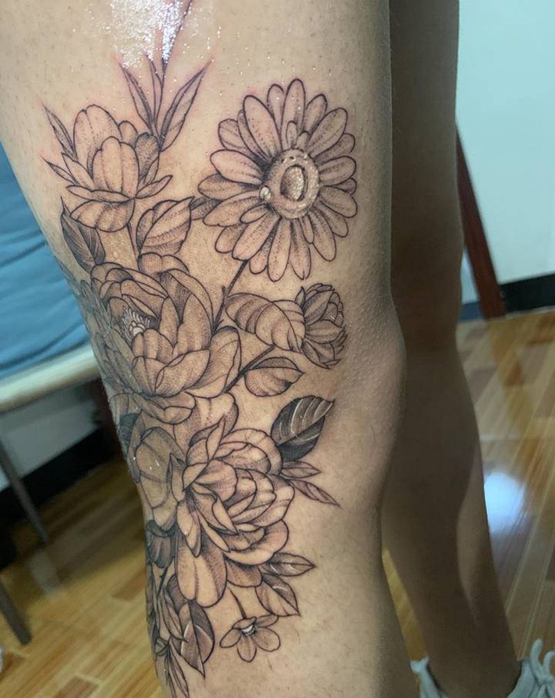 素花纹身图片_腿部点刺纹身图案