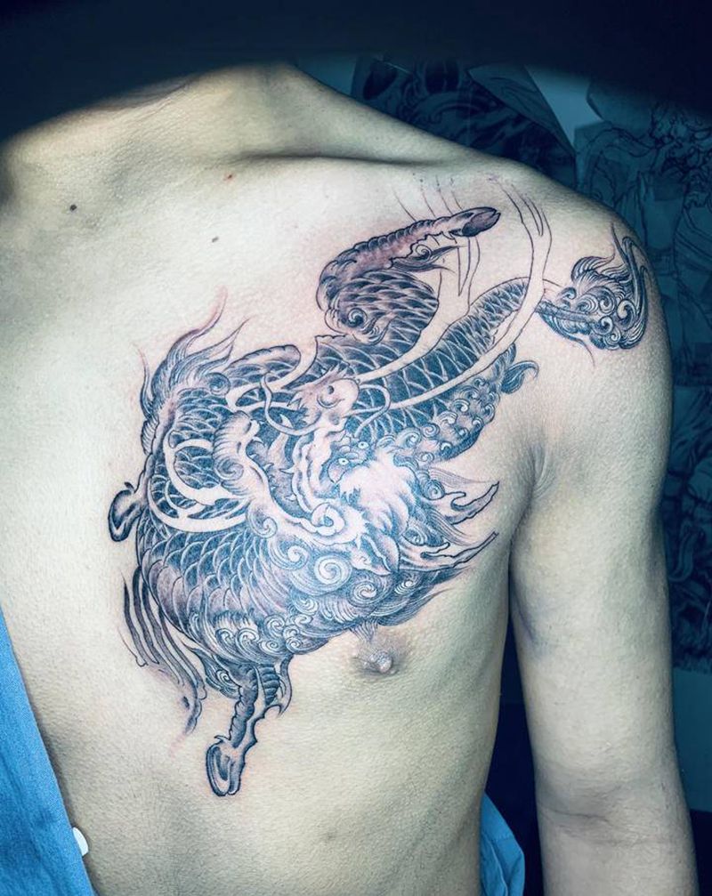 貔貅纹身图片_腹部新传统纹身图案