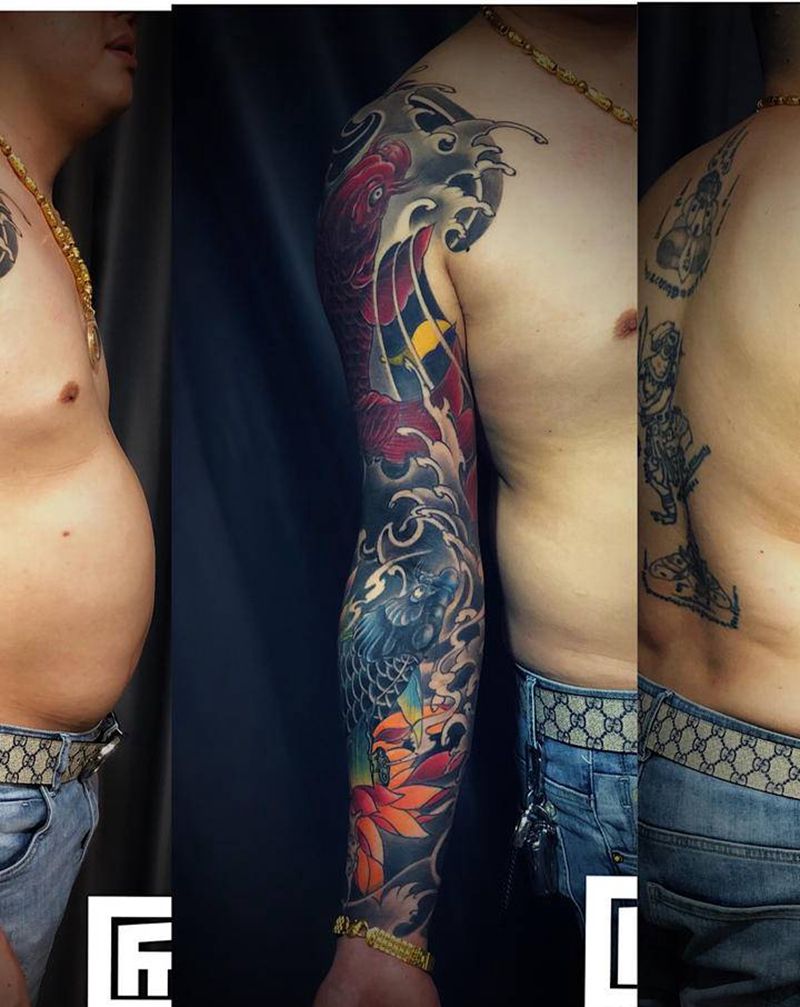 双鲤纹身图片_手臂新传统纹身图案