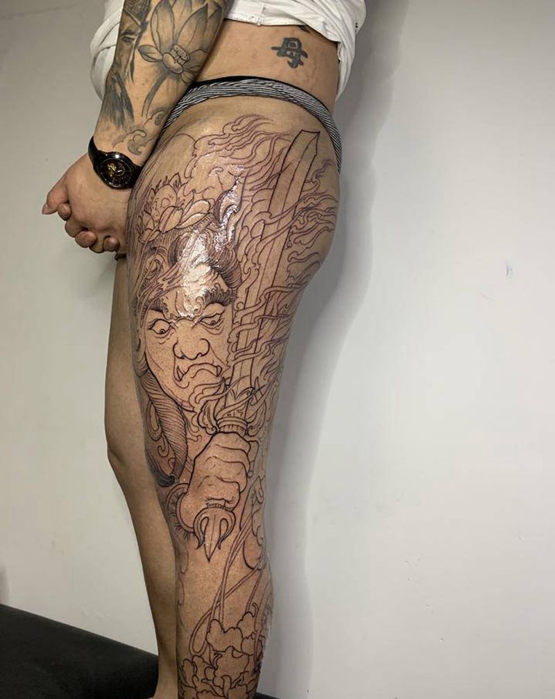 不动明王纹身图片_腿部新传统纹身图案