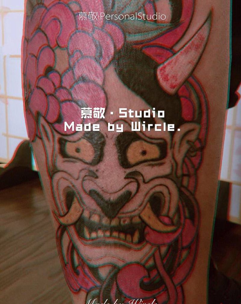 小腿 / 般若➕花纹身图片_腿部纹身图案