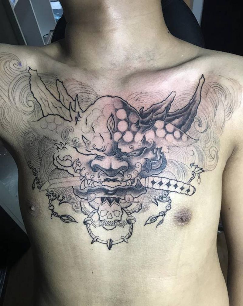 唐狮花胸纹身图片_胸部纹身图案