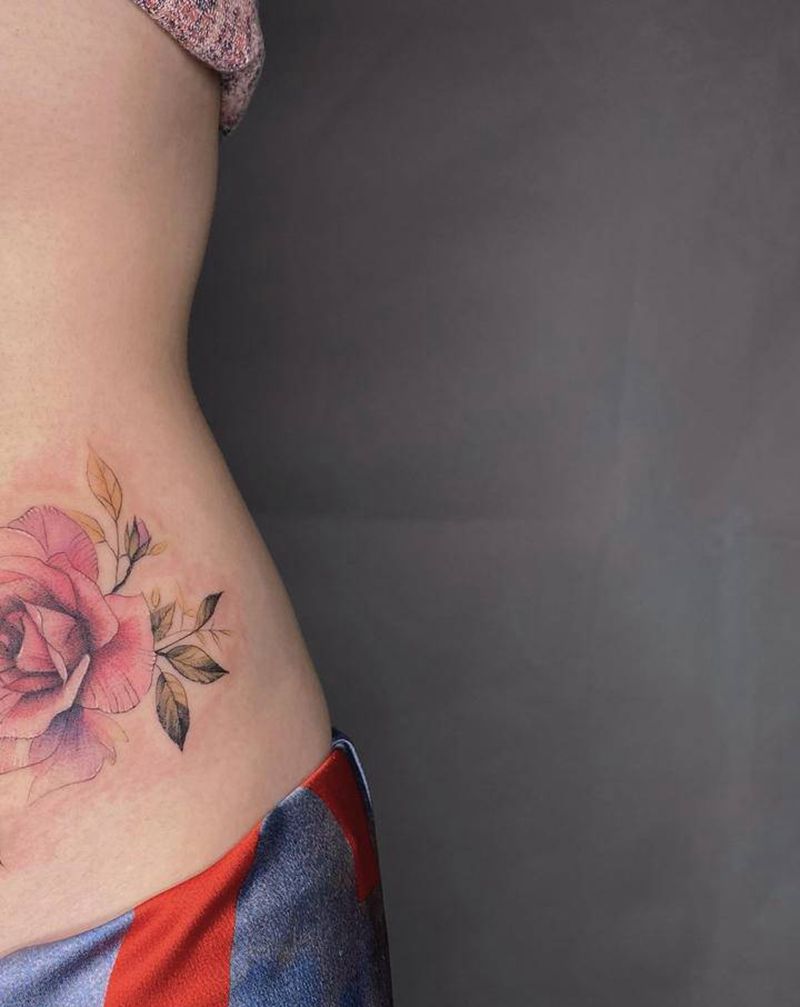 小清新玫瑰纹身图片_腰部腹部水彩花朵唯美花纹身图案