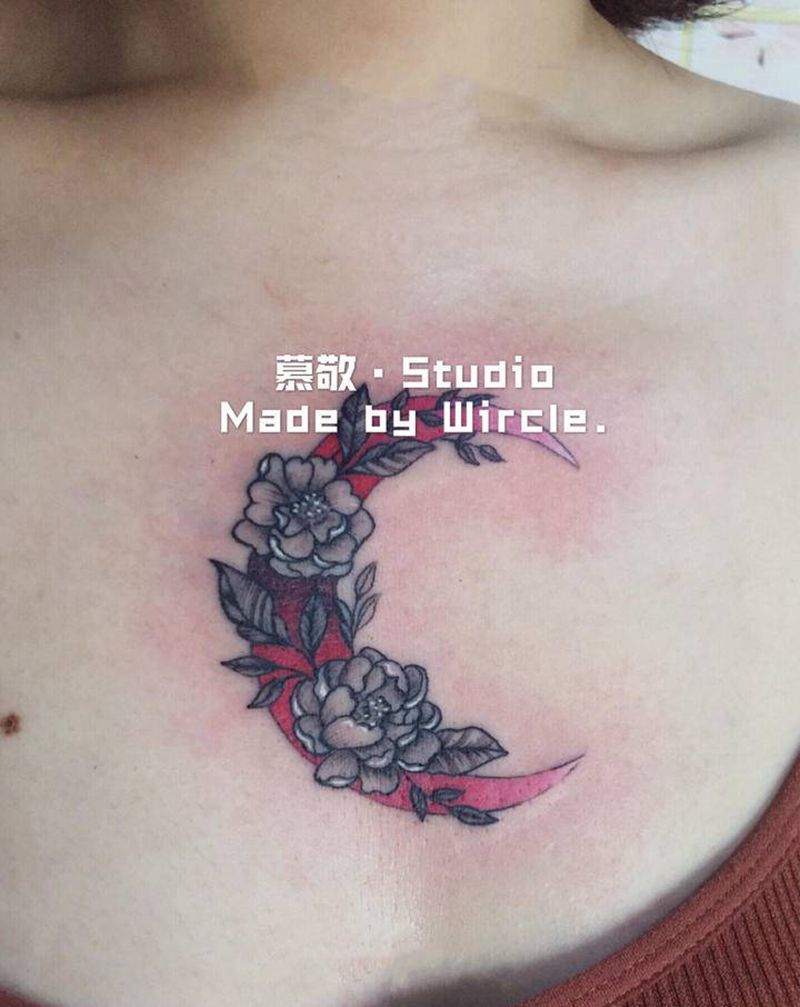 小清新渐变月亮➕素花纹身图片_胸部纹身图案