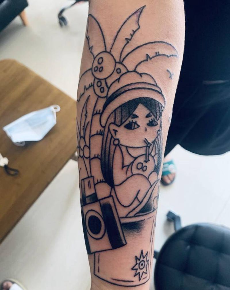 女孩，椰子树纹身图片_手臂Old School纹身图案