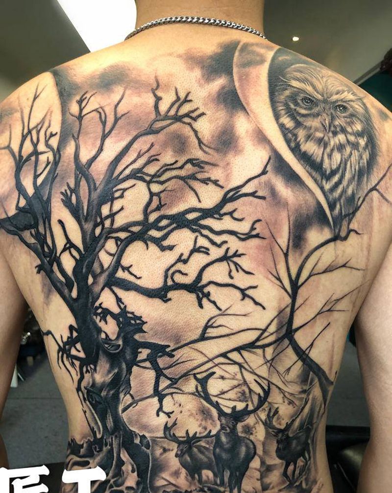 森林纹身图片_背部欧美写实纹身图案