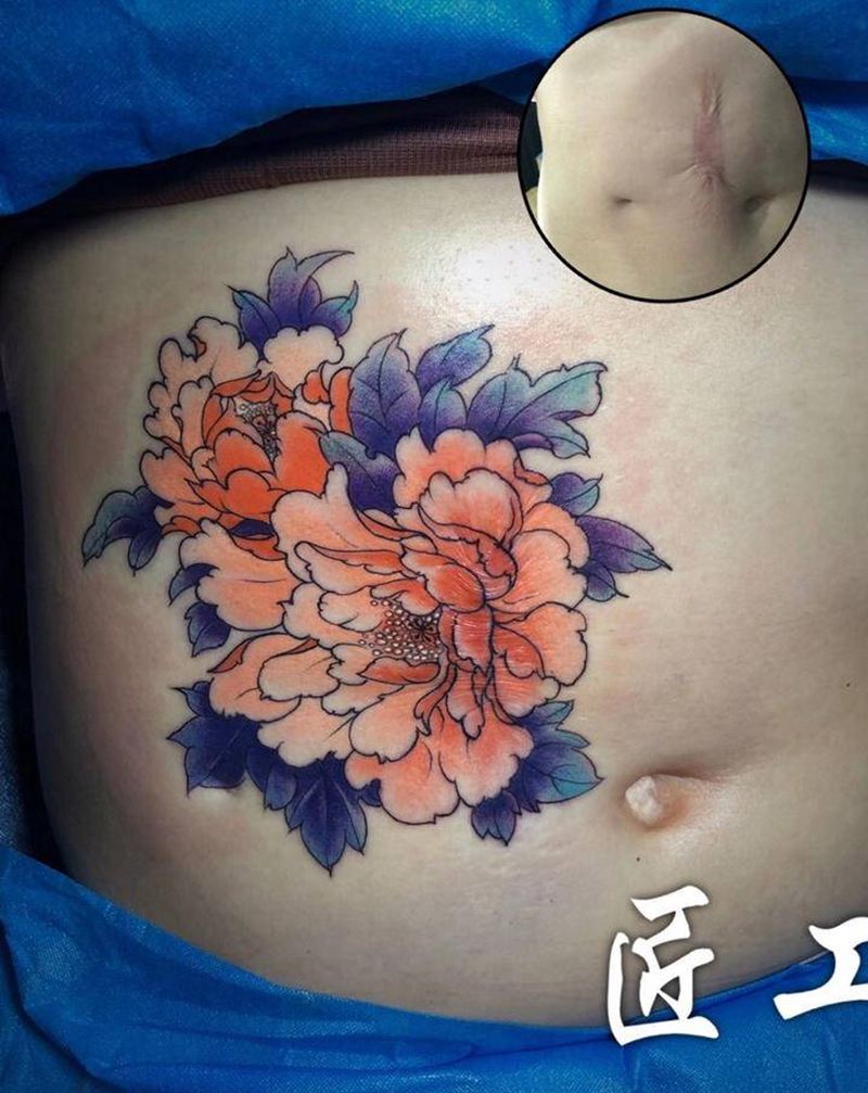 牡丹花纹身图片_腹部新传统纹身图案