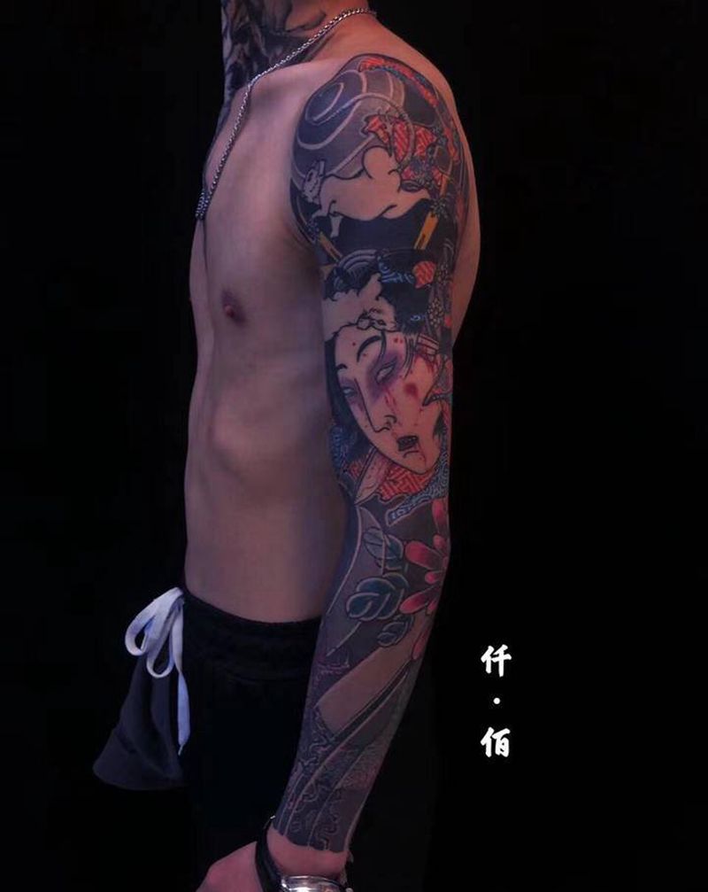 生首蛇花臂未完纹身图片_手臂老传统新传统纹身图案