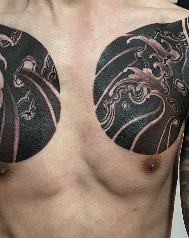 半甲纹身图片_胸部新传统浪纹身图案