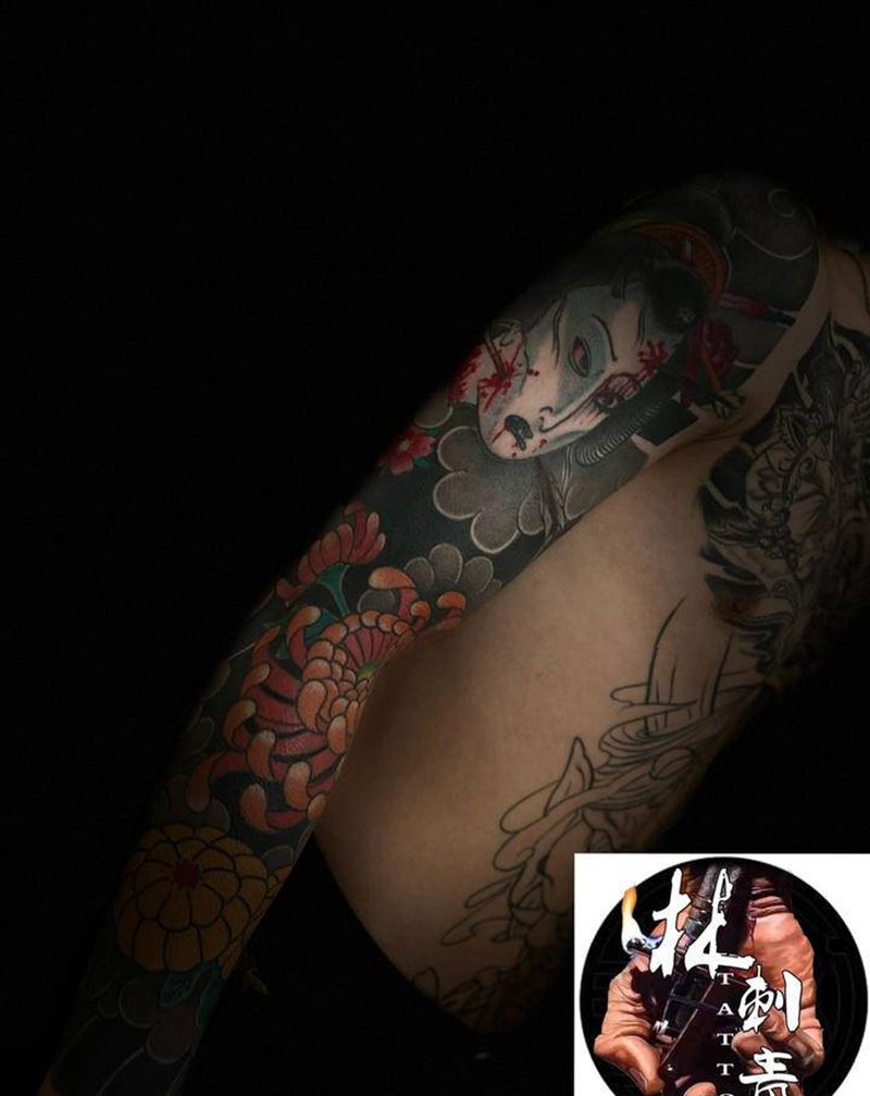 菊花，生首纹身图片_手臂老传统纹身图案