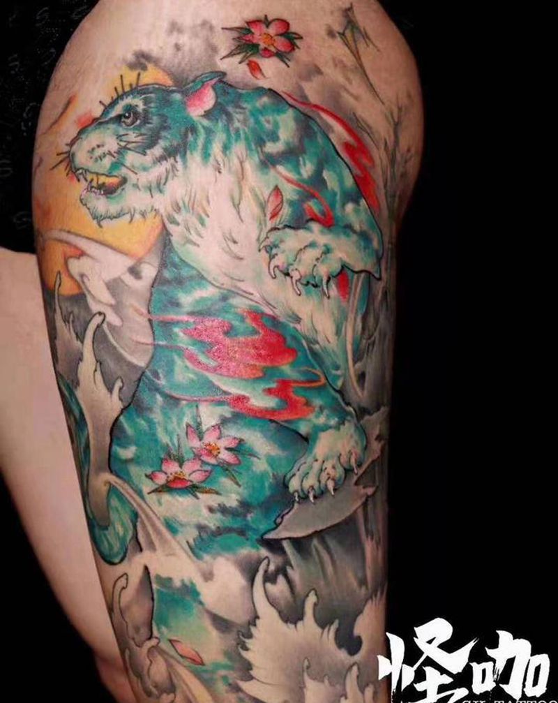 彩色新传统纹身图片_腿部新传统纹身图案