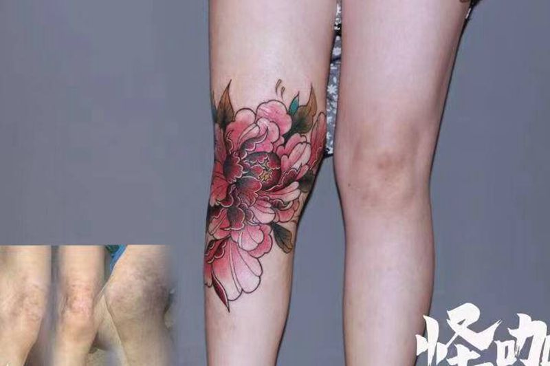 牡丹遮盖纹身图片_腿部新传统纹身图案