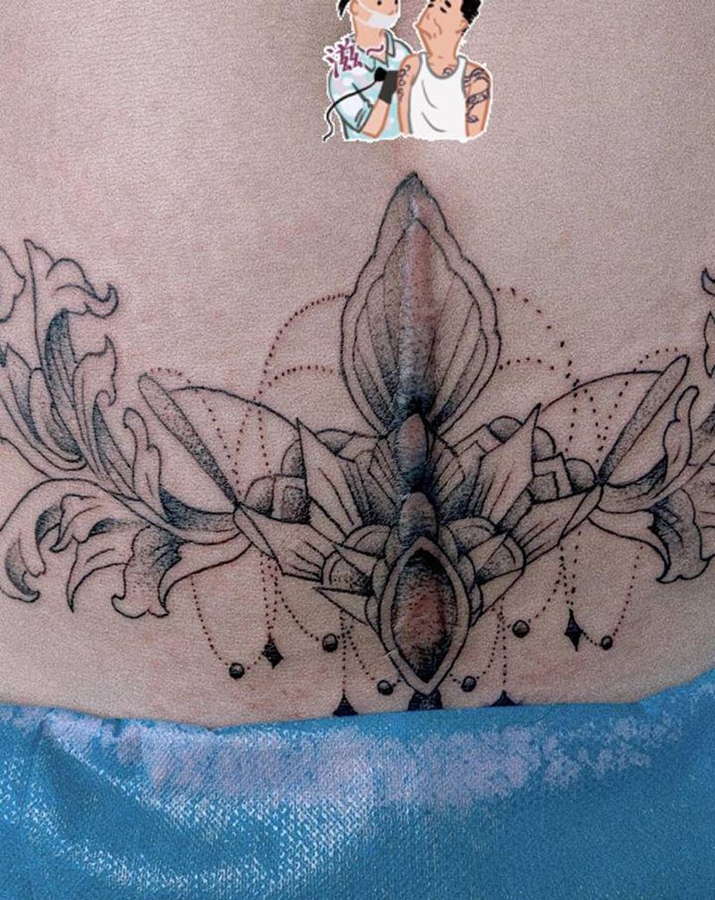 曼陀罗纹身图片_腹部几何遮盖破腹痕纹身图案