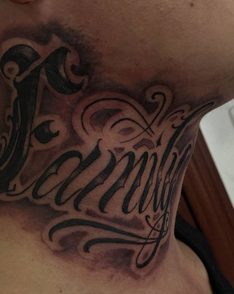 花体纹身图片_颈部花体字纹身图案