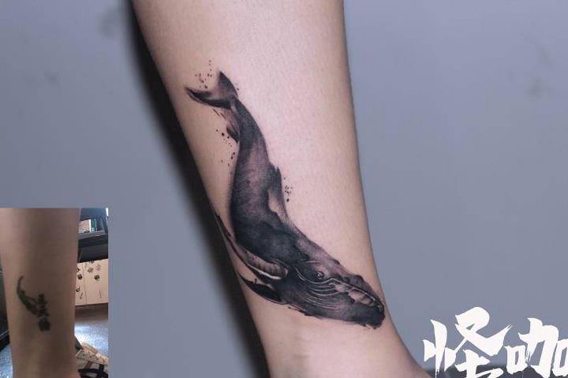 遮盖纹身图片_腿部水墨纹身图案