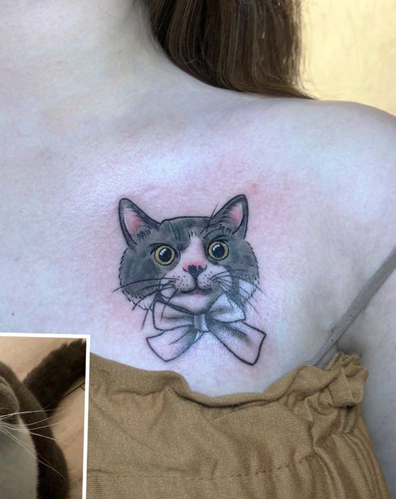 原创猫纹身图片_肩部欧美写实纹身图案
