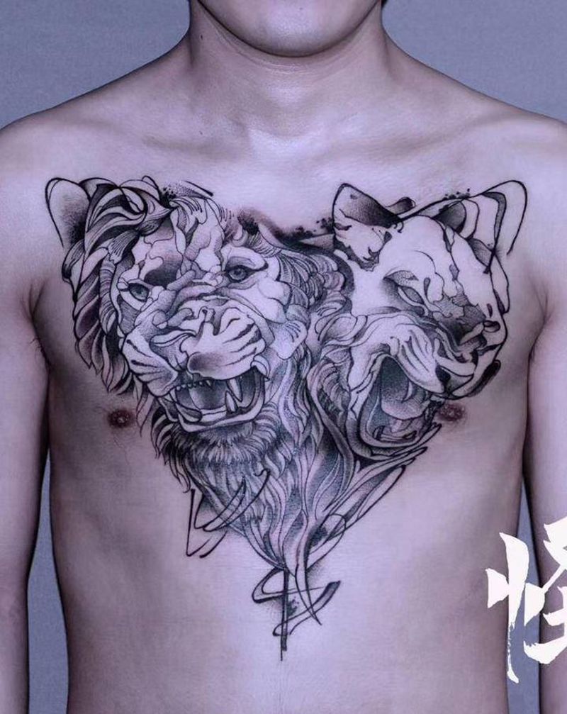 素描花胸纹身图片_胸部欧美写实点刺纹身图案