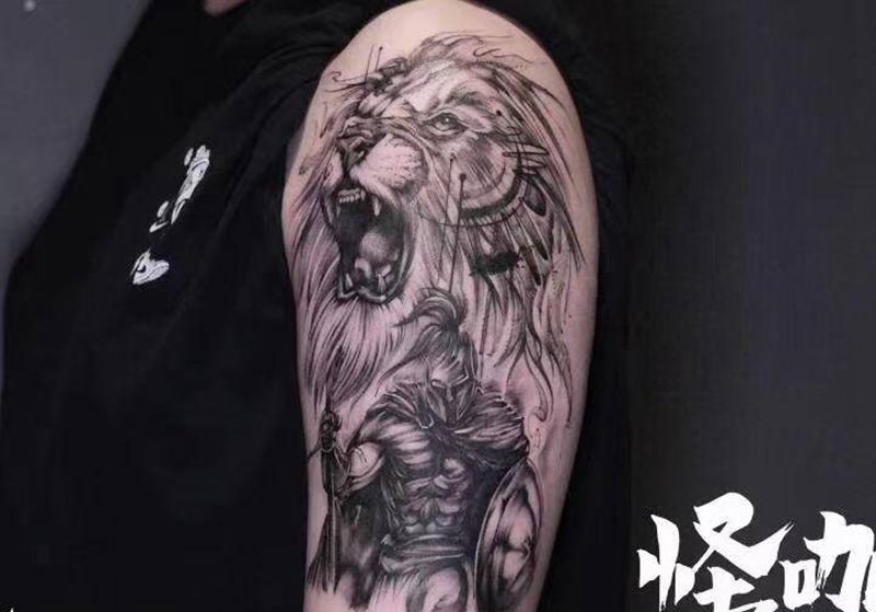 素描斯巴达纹身图片_手臂欧美写实纹身图案