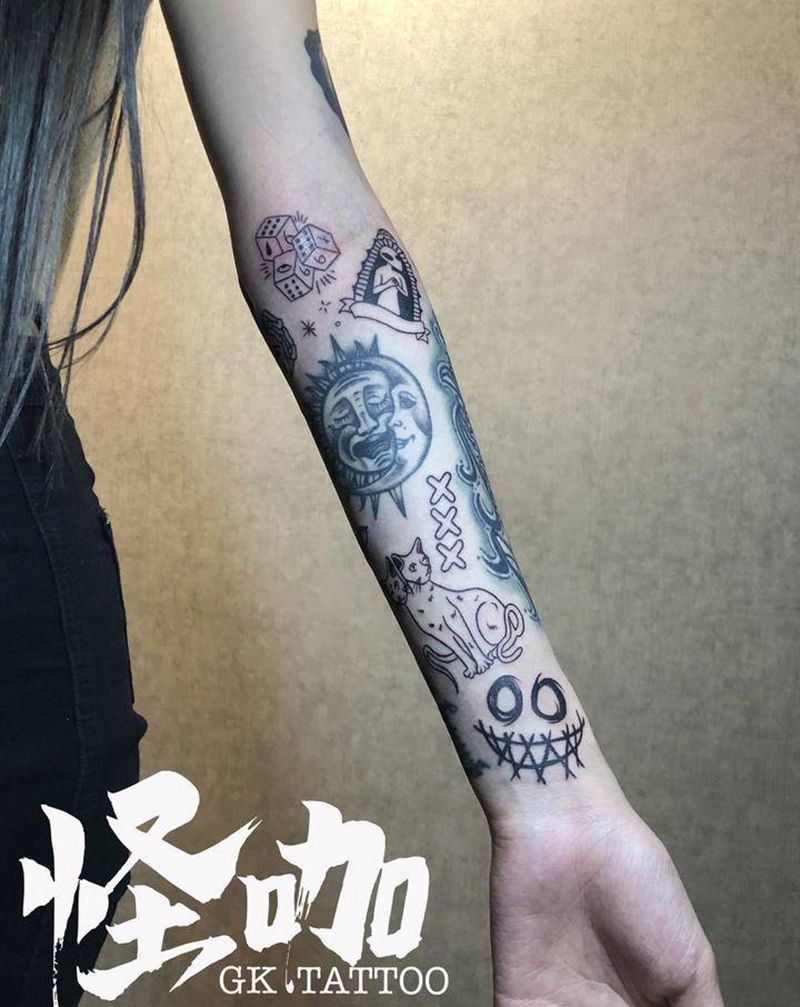 花臂拼接纹身图片_手臂Old School纹身图案