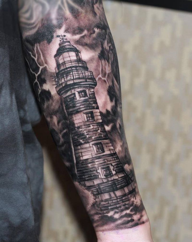 写实灯塔纹身图片_手臂欧美写实纹身图案