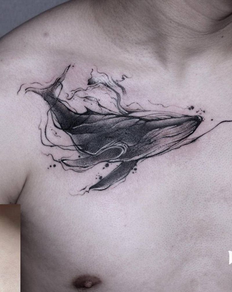鲸鱼遮盖纹身图片_手臂胸部水彩水墨纹身图案