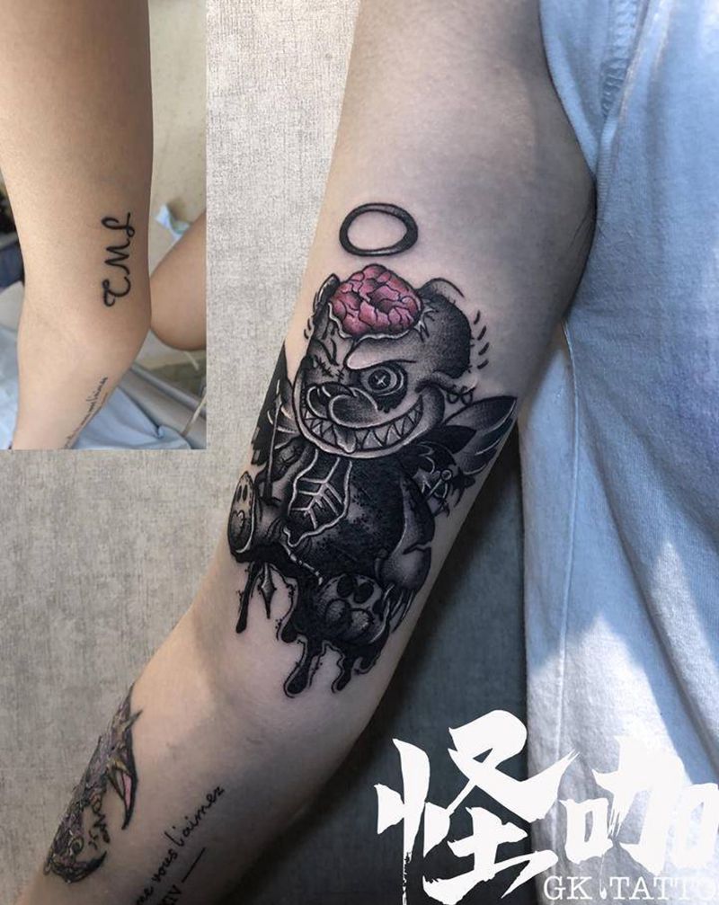 原创暗黑小熊纹身图片_手臂点刺纹身图案