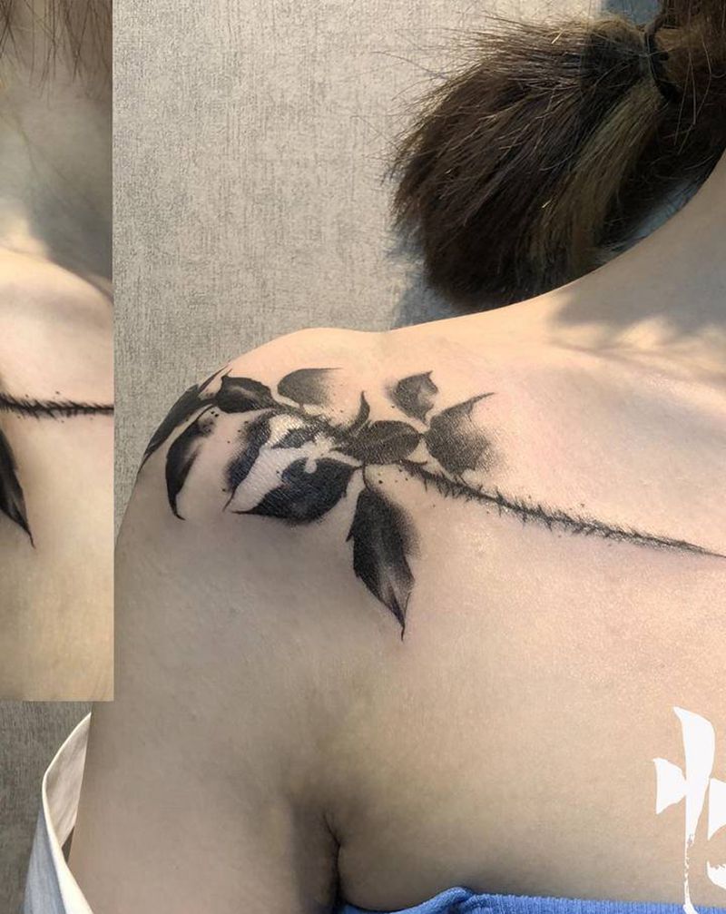 锁骨暗黑玫瑰纹身图片_肩部水墨纹身图案