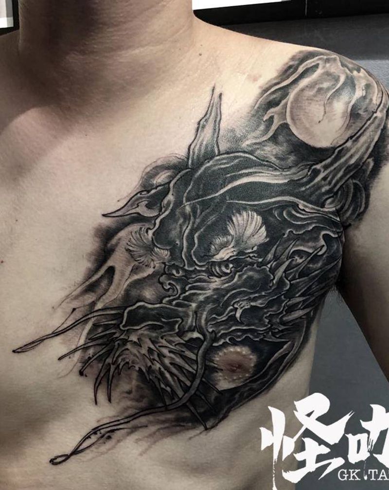 暗黑龙头纹身图片_胸部新传统纹身图案