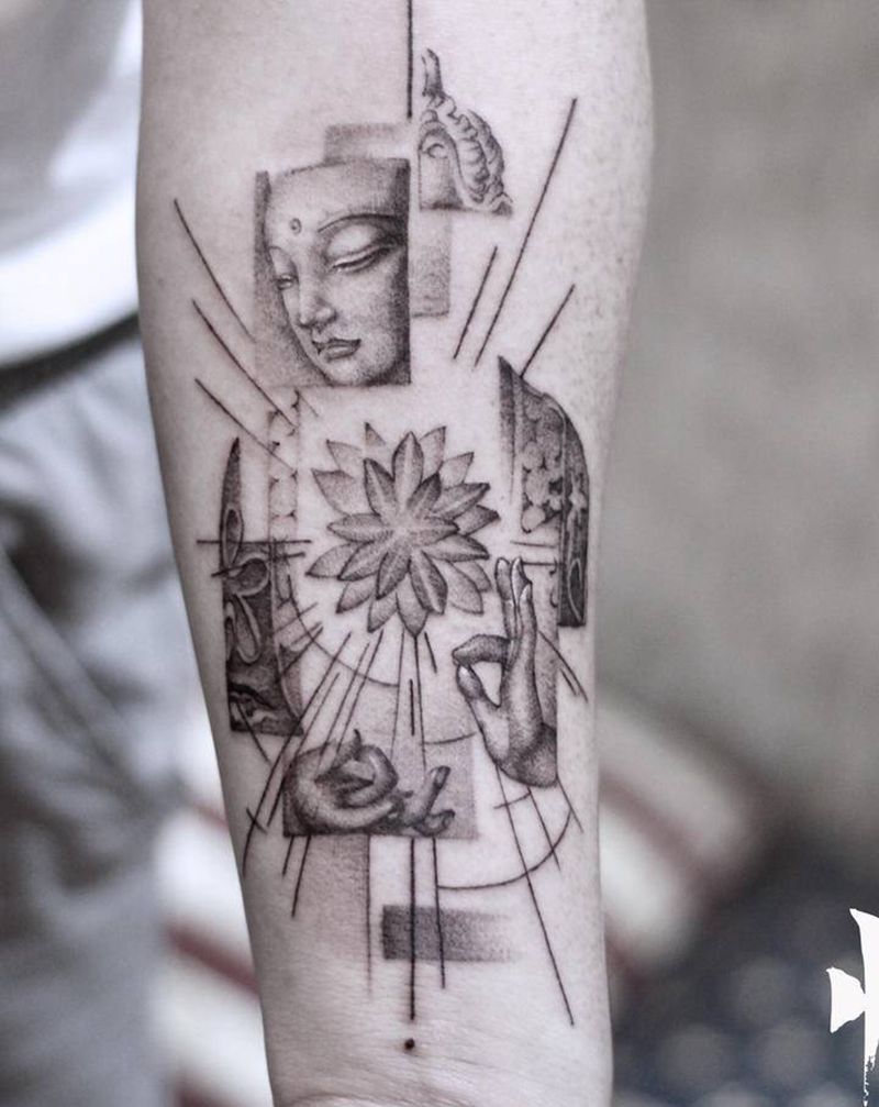 黑灰几何纹身图片_手臂几何点刺纹身图案