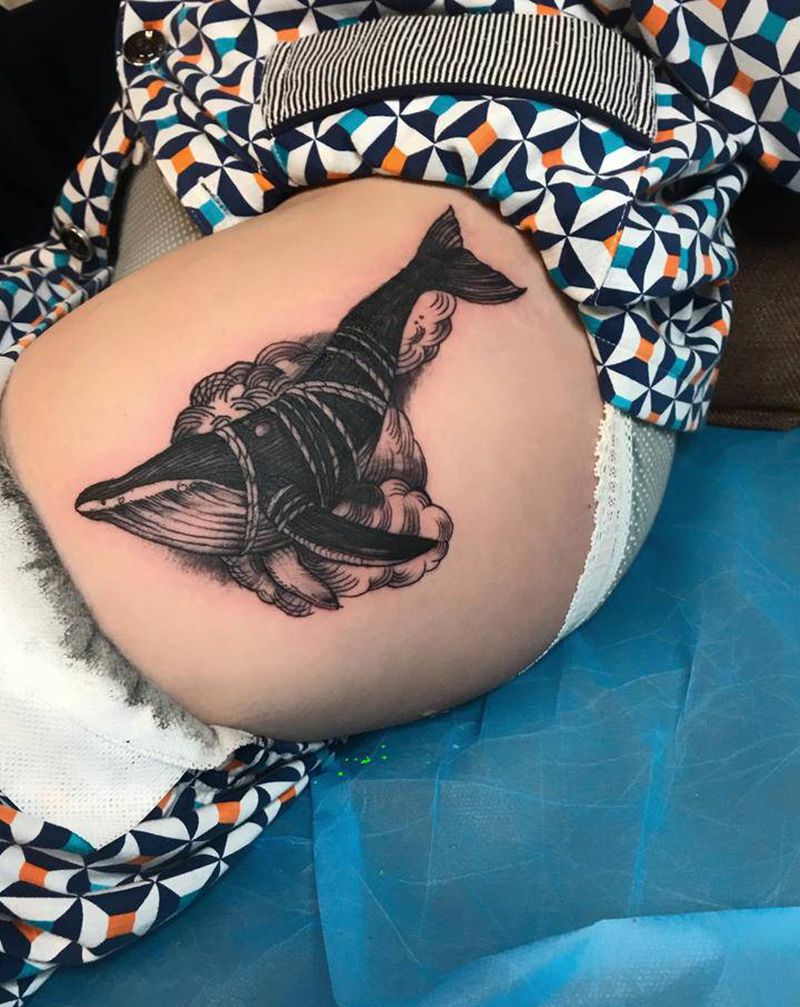 鲸鱼#遮盖纹身图片_腿部欧美写实纹身图案