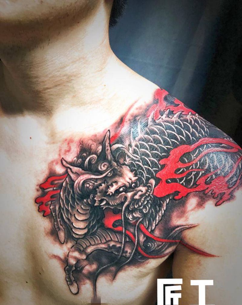 麒麟纹身图片_肩部背部新传统纹身图案