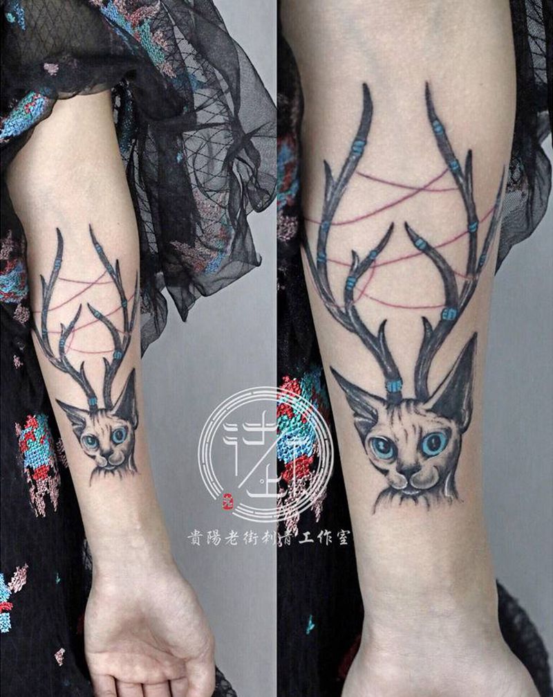 翔子作品，猫咪，纹身图片_手部点刺猫纹身图案